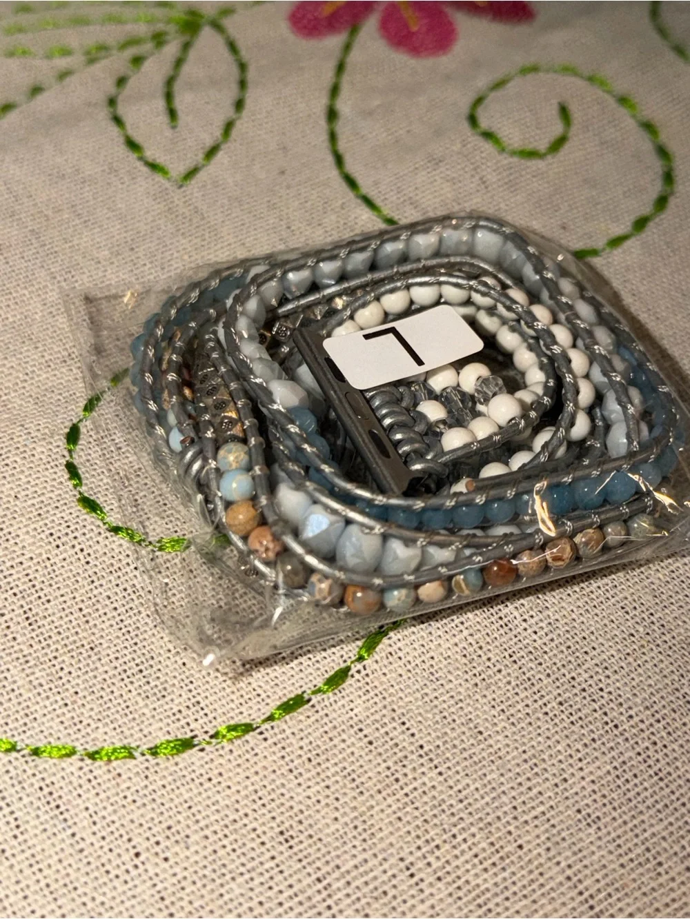 Silver and Multi Blue and White Multi-Strand Beaded Wrap Strap for iPhone